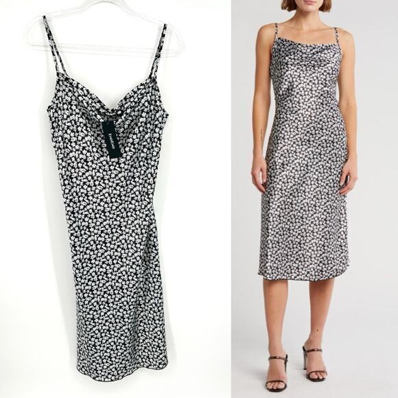 bebe Dresses & Skirts - Bebe Floral Daisy Printed Satin Cowl Neck Midi Dress Black White Medium Dainty